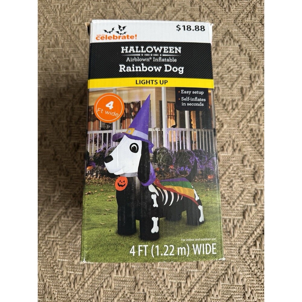 Inflatable Gemmy 4 Foot Rainbow Skeleton Dog with Witch Hat for Halloween. - Picture 5 of 7